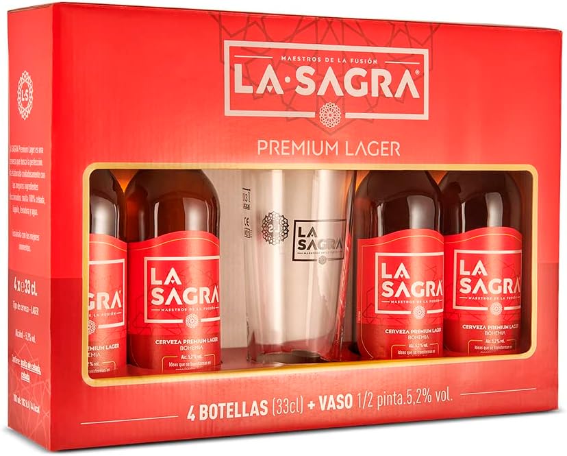La Sagra - Pack 4 Cervezas de 330 ml de La Sagra Lager- Alc. 5,2% Vol. - Pack de 4 botellas 33cl + vaso 1/2 pinta - Total: 1320 ml