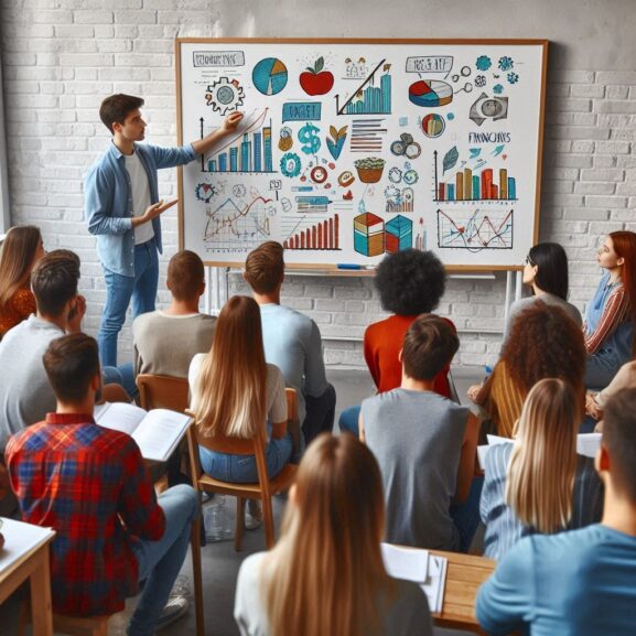 Profesor explicando análisis financiero a alumnos